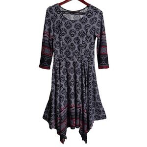 Reborn Womens M Grey Black Damask Handkerchief Hem Fit & Flare Dress 3/4 Slv